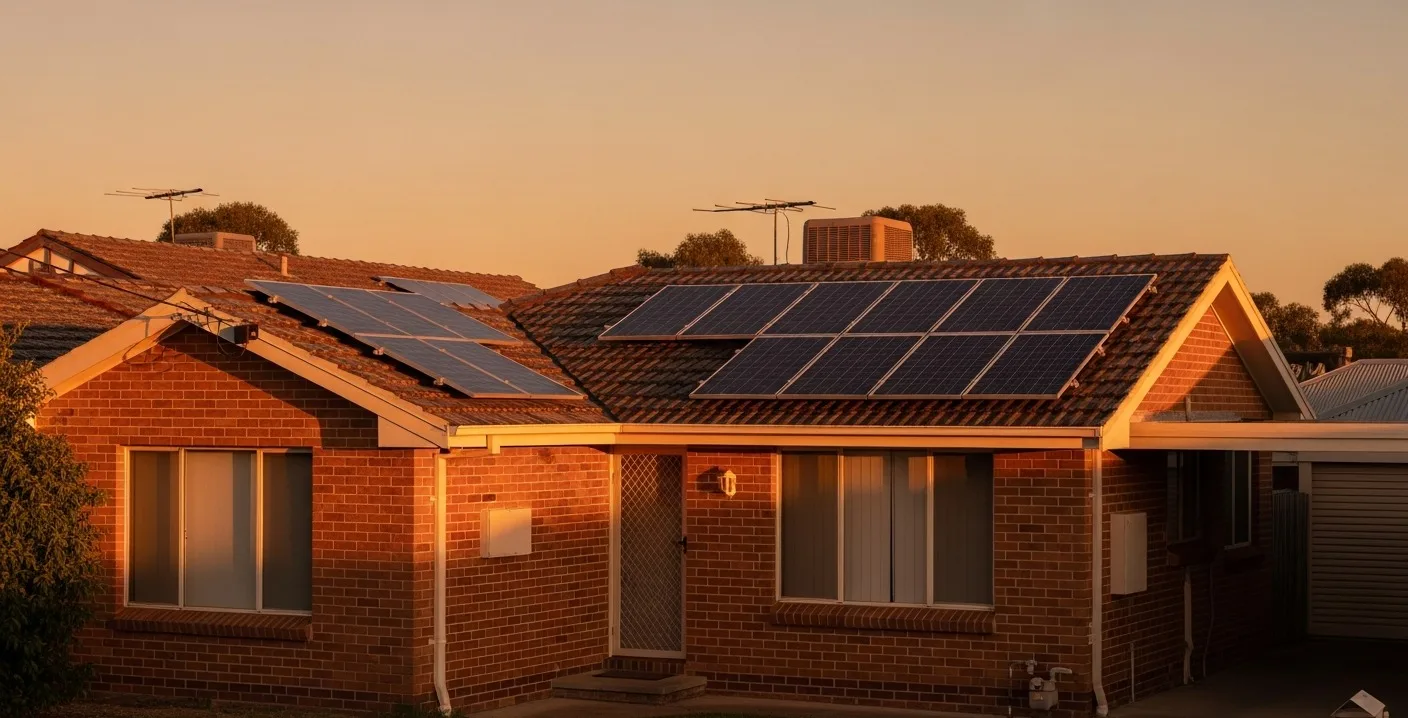 Australian home with solar panels at golden hour